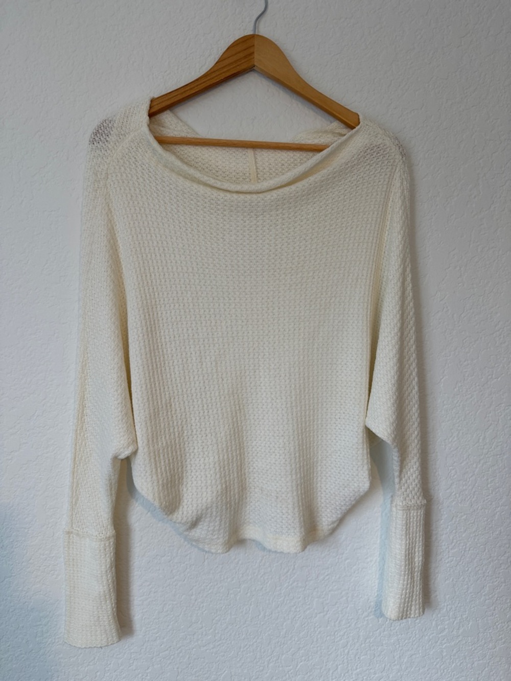 Free People Cream Waffle Knit Long Sleeve Top
